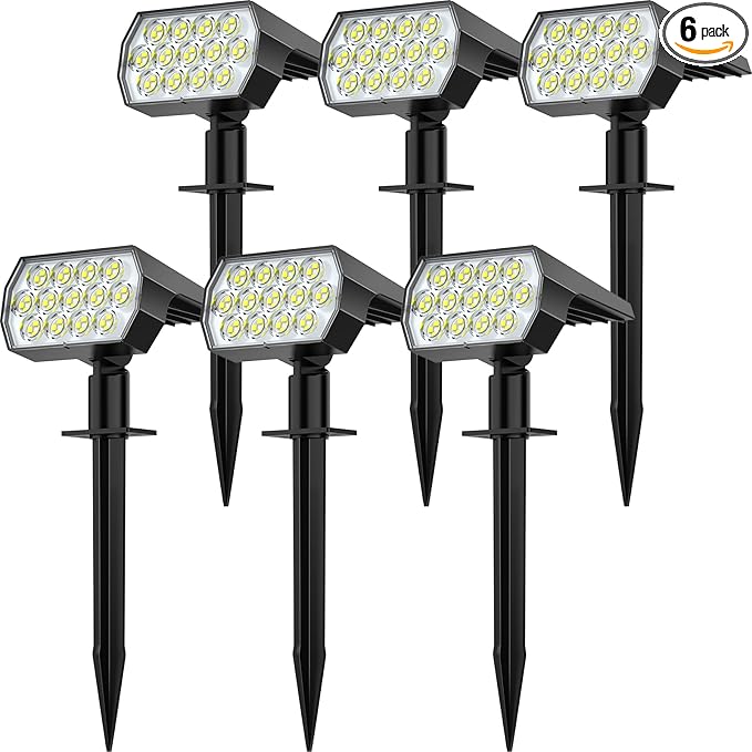 Solar Spot Lights Outdoor Waterproof IP65, [6 Pack/52 LED] 2-in-1 Solar Landscaping Spotlights, 3 Lighting Modes Solar Powered Garden Flood Light for Patio Pathway Driveway Yard Pool (Cool White)