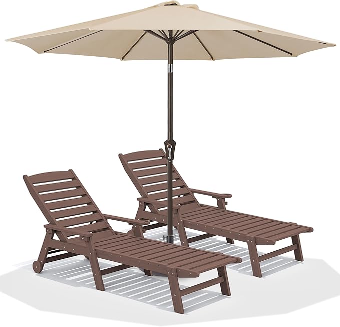 SERWALL Patio Chaise Lounge Chair Set of 2 with 9FT Patio Umbrella, 78'' HDPE Outdoor Lounger, Poly Lounge Chair with Rolling Wheels & Cup Holder for Pool,Coffee Brown (Umbreall Base not Included)