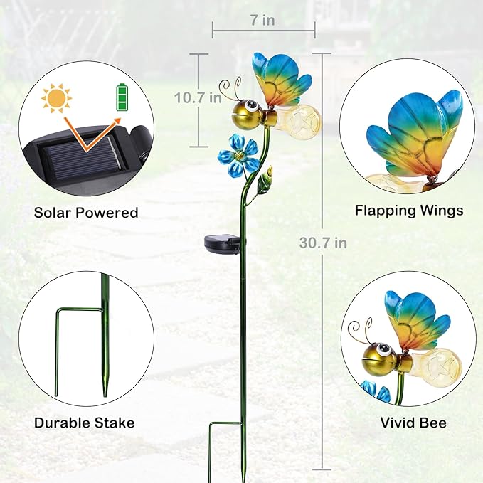 Decorative Solar Lights Outdoor Solar Bee Stake Lights Metal Decorative Garden Lights Outdoor Waterproof Stakes for Pathway Yard Lawn Decoration Mothers Day Mom Gifts