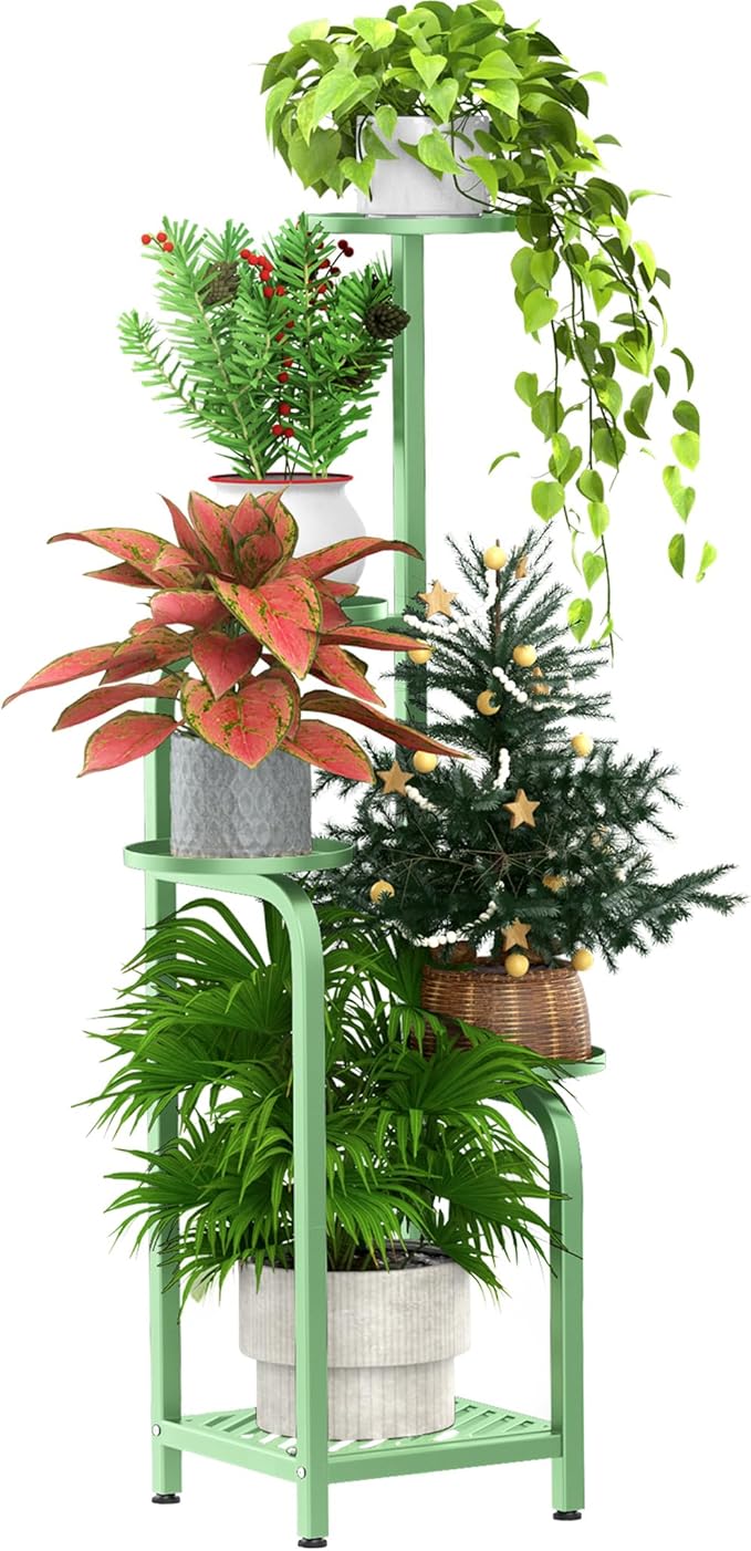 TOSKING 5 Tier Tall Plant Stand Indoor Outdoor, Heavy Duty Corner Shelf for Plants & Decor, Space Saving 3.9FT Metal Flower Pot Stand for Balcony, Garden, Living Room, Patio( Sage Green, 5Tier SQ Base)
