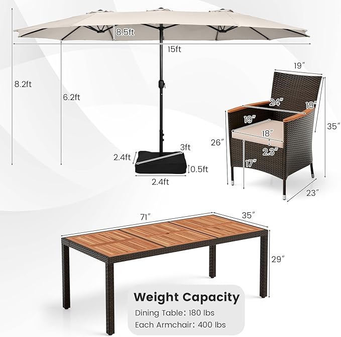 Tangkula 11 Pieces Rattan Outdoor Dining Set with 15Ft Solar Patio Umbrella for 8, Outdoor Wicker Table Set with 8 Cushioned Chairs, Acacia Wood Top, Outdoor Umbrella with Base Included