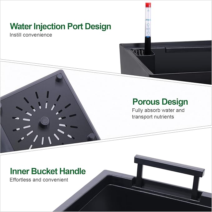 Garvee 22.5" Tall Planters Set of 2, Outdoor＆Indoor Black Planter Pots, High Front Porch Planter Pots with Drainage Holes＆Water Level Monitor＆Inner Bucket,Black