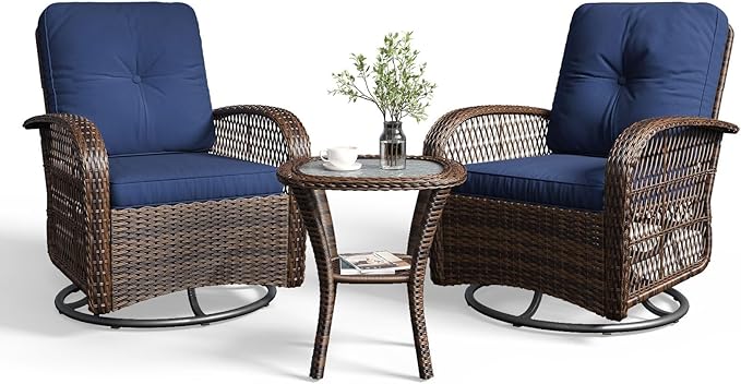 Aoxun 3 Pieces Patio Furniture Set, Patio Swivel Rocker Chairs Set of 2, Wicker Outdoor Bistro Set with Rocking Chair, Thickened Cushions and Table for Porch (Blue)