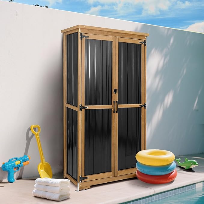 PetsCosset Outdoor Storage Cabinet, Wood & Metal Storage Shed with Weather-Resistant Roof, Removable Shelves, Lockable Doors, Outside Storage Tool Organizer for Garden, Patio, Backyard, Garage, Pool