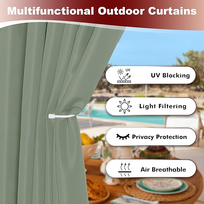 HolidayIdeas Grommet Outdoor Curtains for Patio Waterproof 8 Pcs All Weather Balcony Outside Curtains for Apartments, Gazebo, Pergolas, Porch, 54x120 Inch, Sage Green