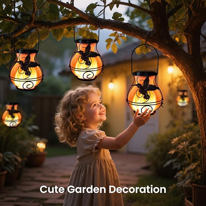 Solar Lanterns Outdoor Waterproof Flickering Flame Lights Hummingbird Metal Hanging Solar Lantern Patio Porch Garden Decoration (4 Pack)