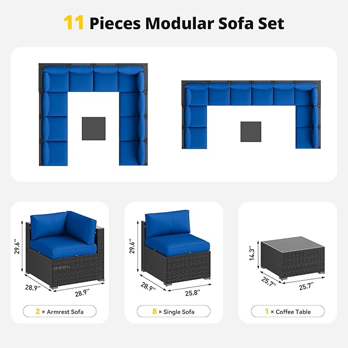 Aoxun Patio Furniture Set, 11 Piece Outdoor Sectional Sofas with Waterproof Cover, 10 Seats Wicker Rattan Outdoor Furniture Patio Conversation Set for Backyard, Garden Navy Blue