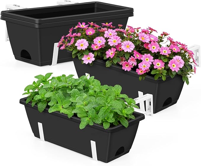 OYEAL 4 Pack Railing Planter Box Outdoor Hanging Balcony Planters 17 Inch Window Boxes Planter with Adjustable Brackets Plastic Flower Pots for Garden Deck Porch Railing Balcony Fence, Black & White