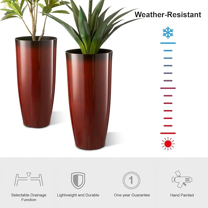 Glitzhome 30" H Oversized Tall Planter, Set of 2 Large Outdoor Planters with Drainage Holes, Gradient Red Faux Ceramic Finish, Large Flower Pots Plastic Plant Pots for Indoor Outdoor Front Door Patio