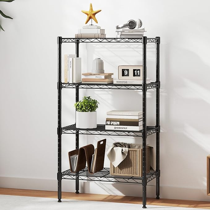 DUMOS 4-Tier Metal Wire Storage Shelves, Adjustable Standing Storage Rack Shelf, Heavy Duty Steel Shelving Unit Organizers for Kitchen Bathroom Pantry Garage, 23.3" W×13.4" D×47" H, Black