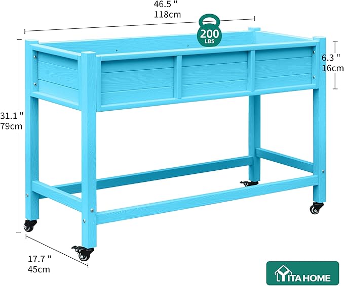 YITAHOME Raised Garden Bed HDPE, 47x18x31In Raised Flower Bed Poly-Wood Weather-Resistant Elevated Planter Box with Lockable Wheels for Vegetables, Aruba Blue