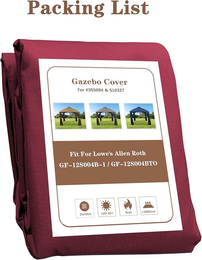 SCOCANOPY Burgundy Ripstop Replacement Roof for Lowe's Allen Roth 10X12 Gazebo Model #GF-12S004B-1/ GF-12S004BTO/TPGAZ17-002C