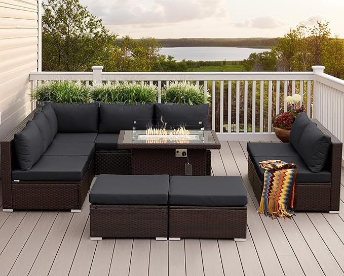 NICESOUL 10 Piece Outdoor Patio Furniture Set with Fire Pit Natural Gas/Propane, 29.3'' High-Back XL Big Size Wicker Sectional Sets, Deep Wide Sofa Couch for Outside, Brown Rattan and Grey Cushion