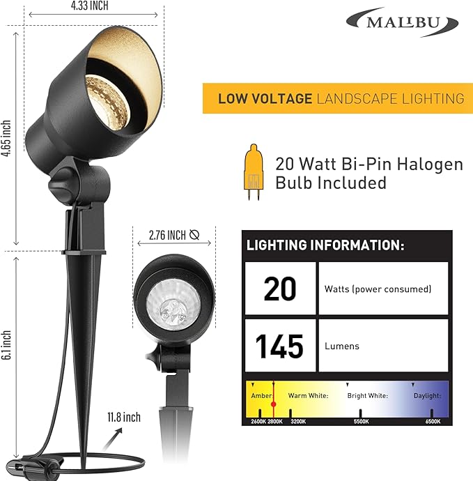 Malibu 20W Landscape Lighting Outdoor Landscape Spotlights Low Voltage 12V AC Warm White Lighting 145Lumen Waterproof for Driveway Yard Lawn Patio Walls Trees 2Pack 8301-9604