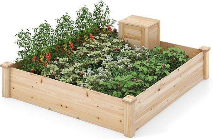 Giantex Raised Garden Bed, 49"x49"x10" Wood Planter Box Kit w/Compost Bin & Open-Ended Bottom for Vegetables, Flowers, Herbs, Fruits, Elevated Square Planting Bed for Patio, Backyard, Garden