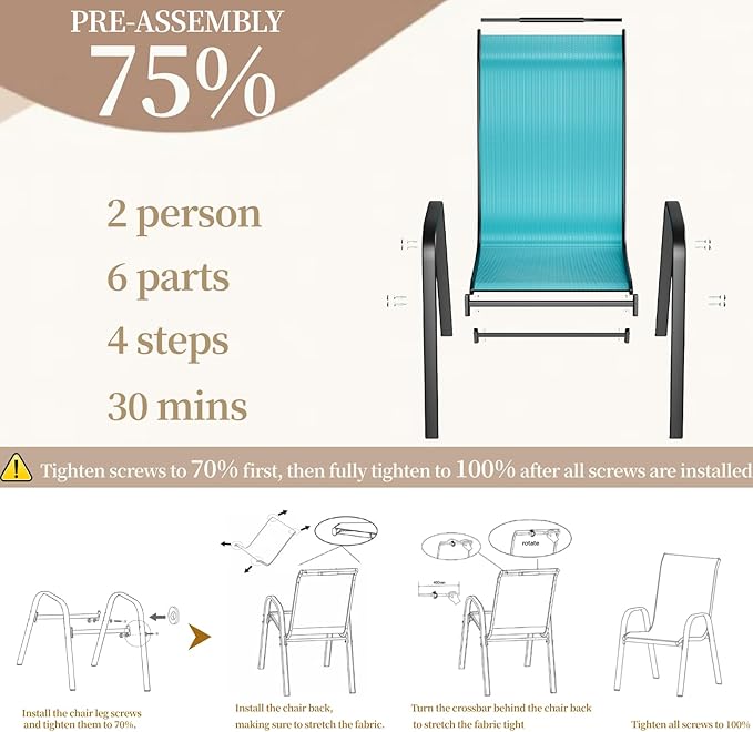 MAMIZO Patio Dining Chairs, Stackable All Weather Teslin Chair, Heavy Duty Outdoor Breathable Chairs Set, w/Armrests, Upgraded Chair FeetW/Strenthened Iron Spacers, 330 LBS (8, Turquoise Blue)