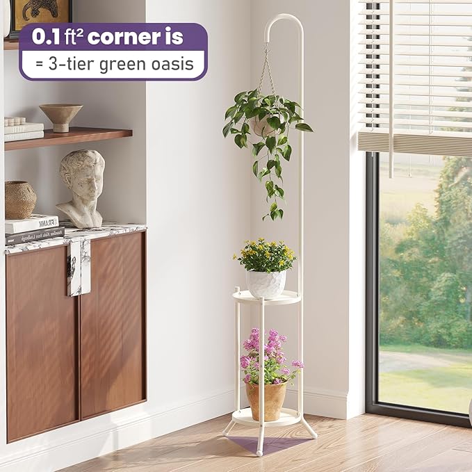 2-Tier Metal Plant Stand with Hanging Hook, Indoor Outdoor Plant Shelf,Heavy Duty Plant holder Rustproof Iron Multiple Plant Round Supports Rack for Planter Corner Garden Balcony Patio (Cream)
