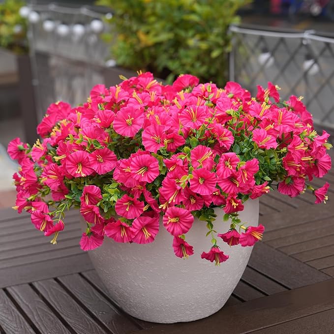 Artificial Flowers for Outdoors, UV Resistant Fake Silk Morning Glory, Realistic Faux Plants for Outside Porch Patio Window Box Hanging Planter (16, Hot Pink)