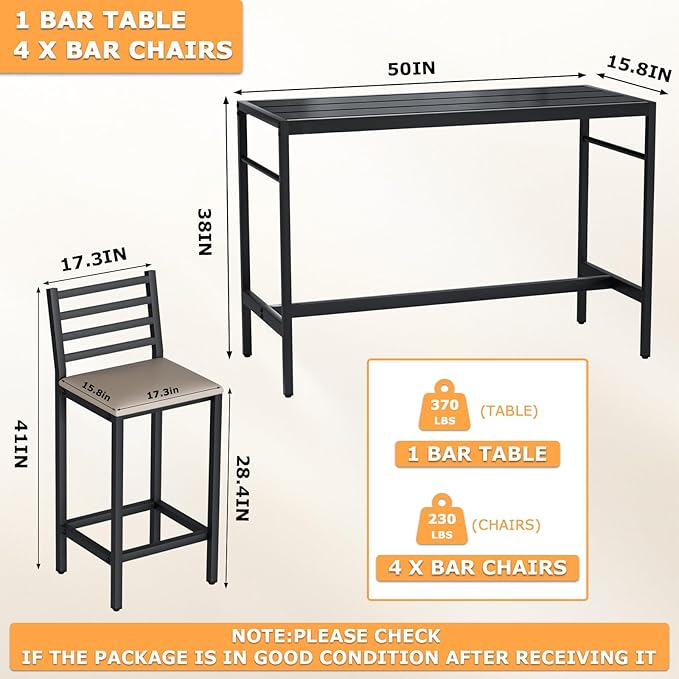 5 Piece Outdoor Patio Bar Set, 54.7" Rectangular Counter Height High Top Bar Tables, 4 Cushioned 41" Bar Stools, Metal Bar Table and Chairs Set for Poolside, Balcony, Backyard, Porch