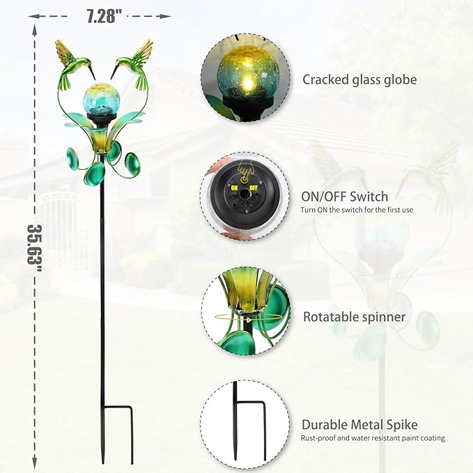 Solar Lights Outdoor Metal Garden Stake Waterproof Crackle Glass Globe Garden Decor Green Hummingbird for Pathway, Lawn, Patio, Yard