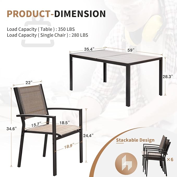 Devoko Patio Dining Set 7 Piece Outdoor Furniture with Rectangular Table and 6 Stackable Chairs Family Conversation Set for Garden Backyard Deck (Brown)