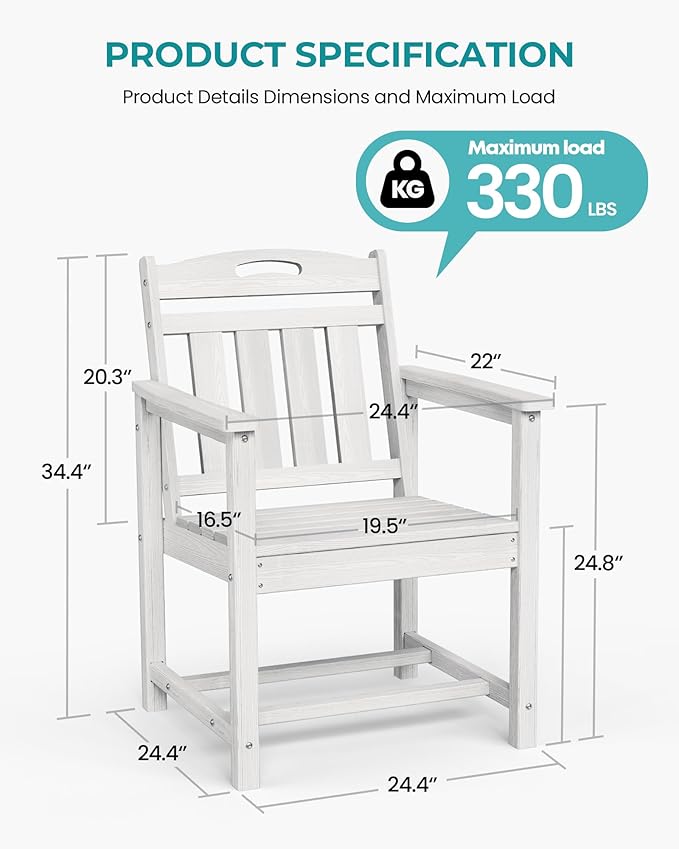Outdoor Patio Dining Chair - All-Weather Fade-Resistant HDPE, Low Maintenance - for Garden, Backyard, Deck - White