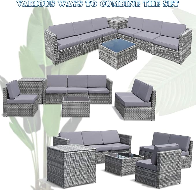 Tangkula 8 PCS Outdoor Patio Furniture Set, Rattan Wicker Sofa Set, Sectional Sofa Couch Conversation Set w/Storage Table and 12 Zippered Cushions for Garden Backyard Poolside (Grey)