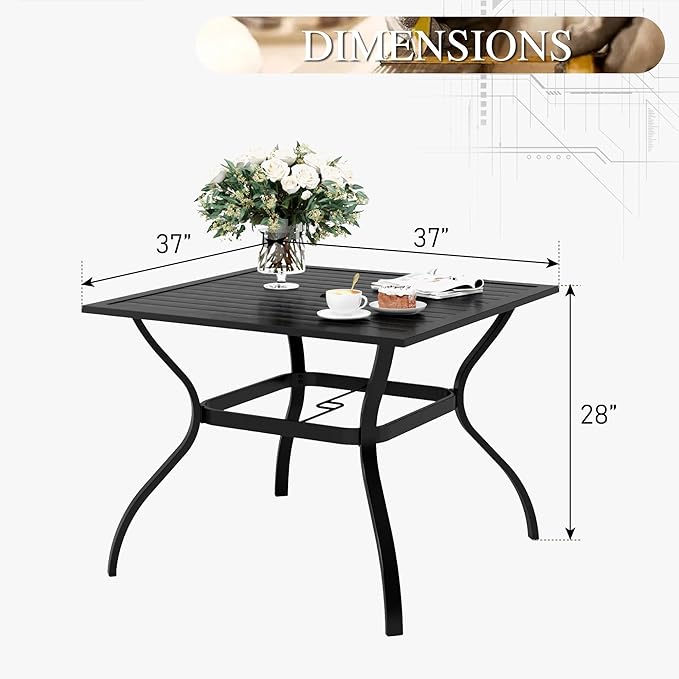 PHI VILLA 37" Patio Table for 4, Metal Outdoor Dining Table with E-Coating, Square Steel Slated Outdoor Table with 1.57" Umbrella Hole for Garden Backyard, Black