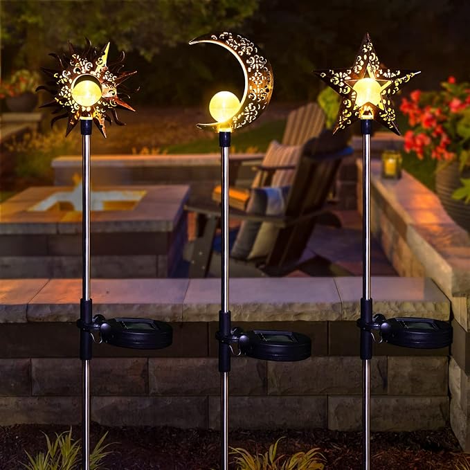 Solar Garden Stake Lights, Moon Sun Star Yard Decorations Outdoor 3 Pack Solar Garden Decor for Lawn, Pathway, Flower Bed, Memorial Garden, Patio Outdoor Gifts for Mom, Loved Ones