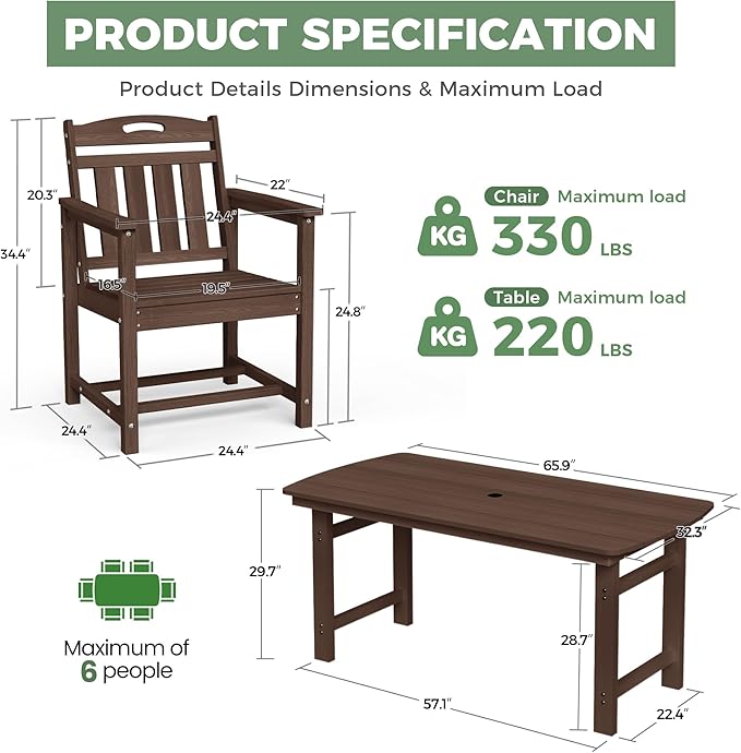 5-Piece Outdoor Dining Furniture Set with Chairs, All-Weather HDPE Patio Table and 4 Chairs, Umbrella Hole, for Garden Backyard or Deck - Brown