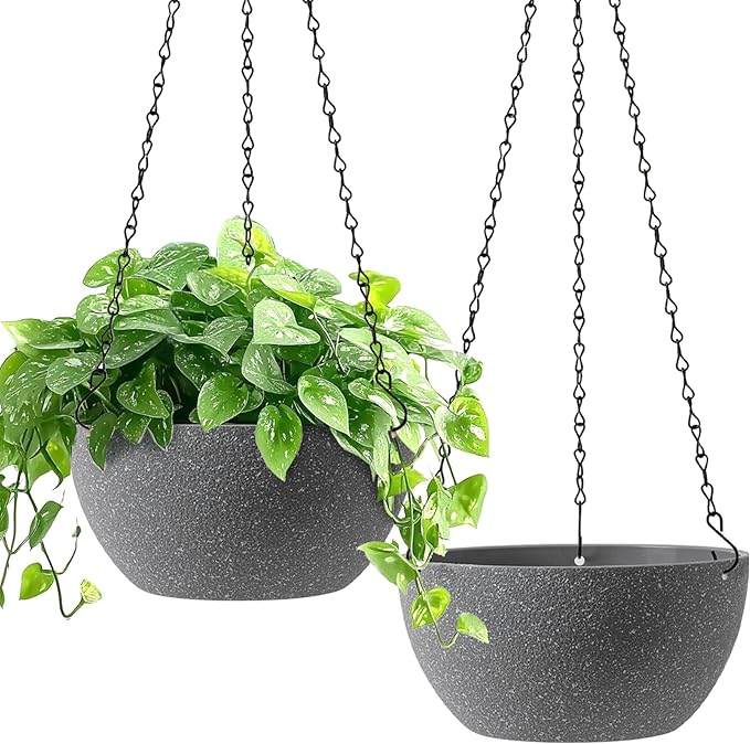 T4U 8 Inch Hanging Planters for Indoor Plants, 2 Pack Hanging Planter, Hanging Plant Pots with Drainage Holes and Chain, Hanging Basket Pots for Garden Home Porch Decor,Grey