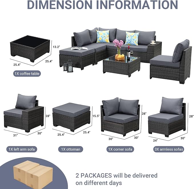 Jing's Villa 7-Piece Patio Furniture Set, All-Weather Outdoor Wicker Sectional Sofa with Cushions, Tempered Glass Table & Ottoman, Rattan Conversation Seating for Porch, Garden, Backyard,Grey