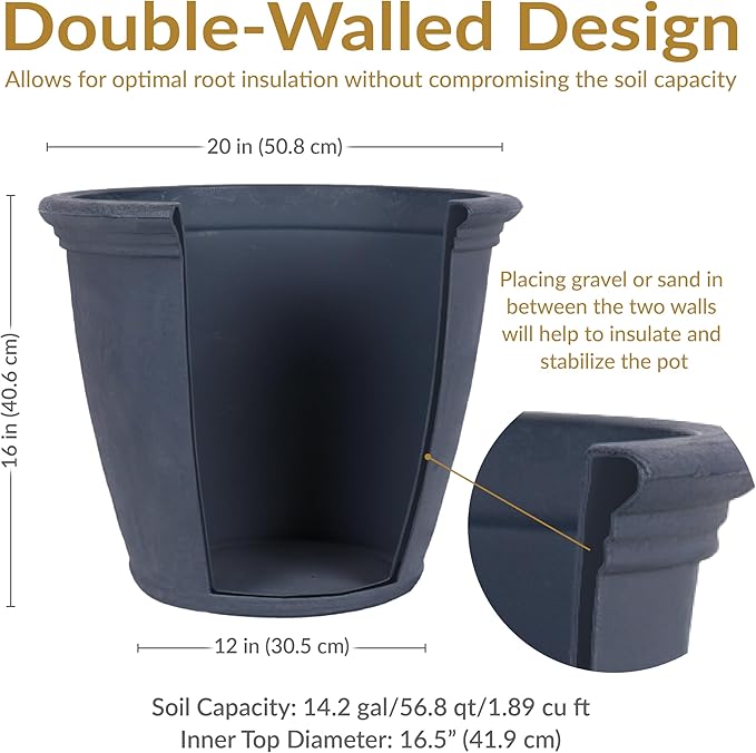 Sunnydaze 20-Inch Anjelica Large Plastic Pot for Plants - Outdoor Double-Walled Large Plastic Planter with Drillable Drainage Holes - Slate