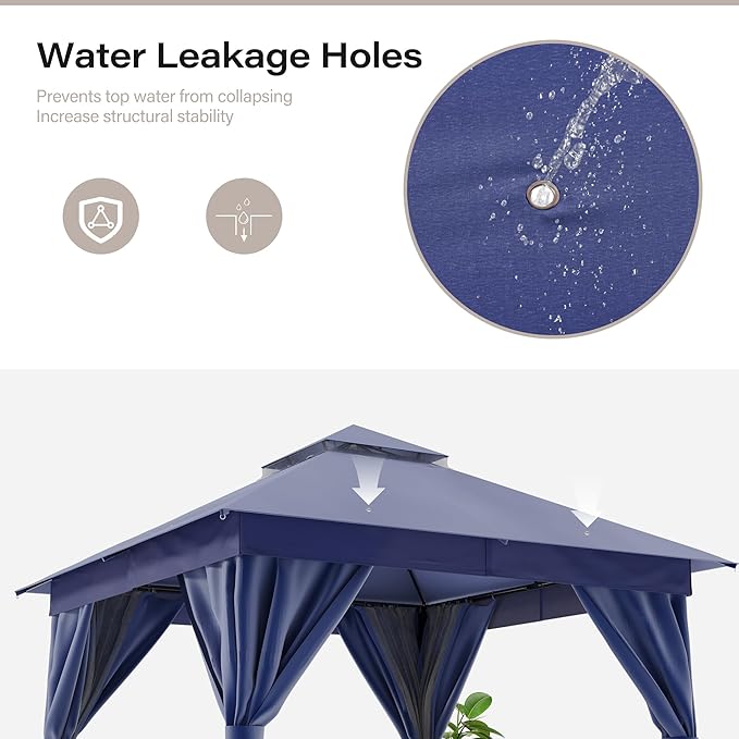 LAUSAINT HOME Semi-Permanent Outdoor Patio Gazebo 10'x10', Heavy Duty Party Tent Shelter with Double Roofs, Mosquito Nettings and Privacy Screens for Backyard, Garden, Lawn, Navy Blue