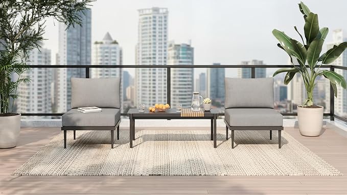 Sundale Outdoor 3 Pieces Patio Furniture Set, Metal Outdoor Sectional Sofa with Coffee Table, All-Weather Modern Outdoor Conversation Sets for Balcony, Porch, Poolside, Sunroom