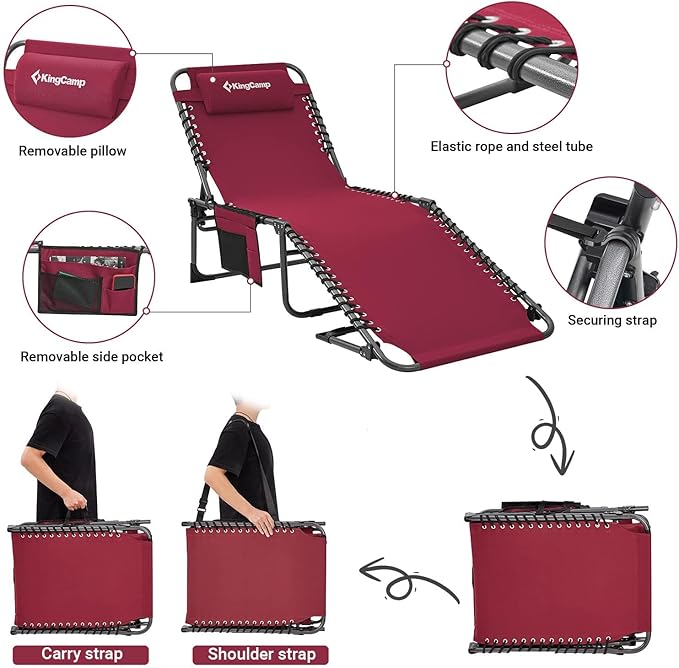KingCamp 2 Pack Lounge Chair Outdoor, Folding Portable Tanning Chairs Comfy Adjustable 5-Position Lay Flat Foldable Chaise Chaser Lounger with Pillow for Outside Beach Patio Sun Bathing Pool, Wine