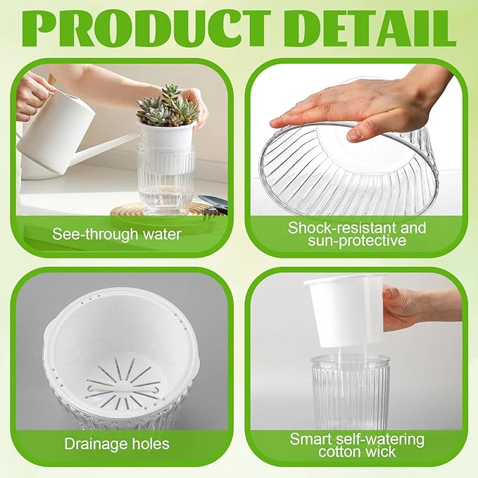 Set of 6 Self Watering Plant Pot 3 Sizes Plastic Double Layer Self Watering Flower Pot with Multi Mesh Drainage Holes Wicking Reservoir for Indoor Outdoor Garden Plants(White)