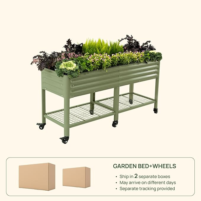 Rolling Elevated Raised Garden Bed-V Series, 2' x 6' Garden Beds with Legs & Storage Rack for Patio & Porch, 1000 Lbs Weight Capacity, Outdoor Planter Box for Vegetables Flower Herbs, Pearl White