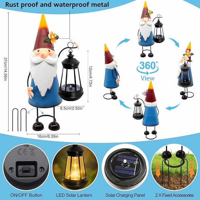 Solar Garden Gnome Statue with Lights,14.56in Tall Solar Gnome Garden Sculptures, Birthday Gift for Woman Grandma Big Metal Decorative for Outdoor Patio Porch Ornaments Lawn Yard Balcony