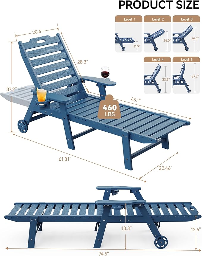 Carauci Lounge Chair Outdoor Set of 4, HDPE Chaise Lounge with Wheels, 5-Position Adjustable Backrest & 2 Cup Holders Patio Lounge Chair, All-Weather Pool Sun Lounger for Poolside, Backyard, Blue