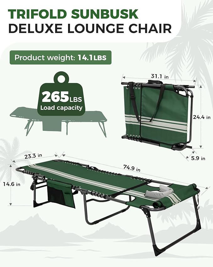 KingCamp Tanning Chair with Face Hole, Lounge Chairs Outdoor Folding Comfy Adjustable 5-Position Lay Flat Foldable Chaise Chaser Lounger for Outside Beach Patio Sun Bathing Pool, Green/White