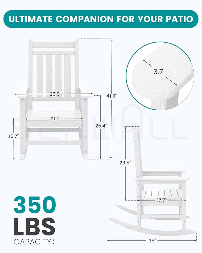 SERWALL Outdoor Rocking Chair, HDPE Rocking Chair for Adults, All Weather Porch Oversized Rockers for Lawn Garden, White
