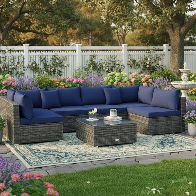 Tangkula 7 Pieces Wicker Patio Furniture Set, All-Weather Outdoor Rattan Sectional Sofa Set with Cushions & Tempered Glass Coffee Table, Outside Sofa Set for Garden, Lawn, Deck, Backyard (Navy)