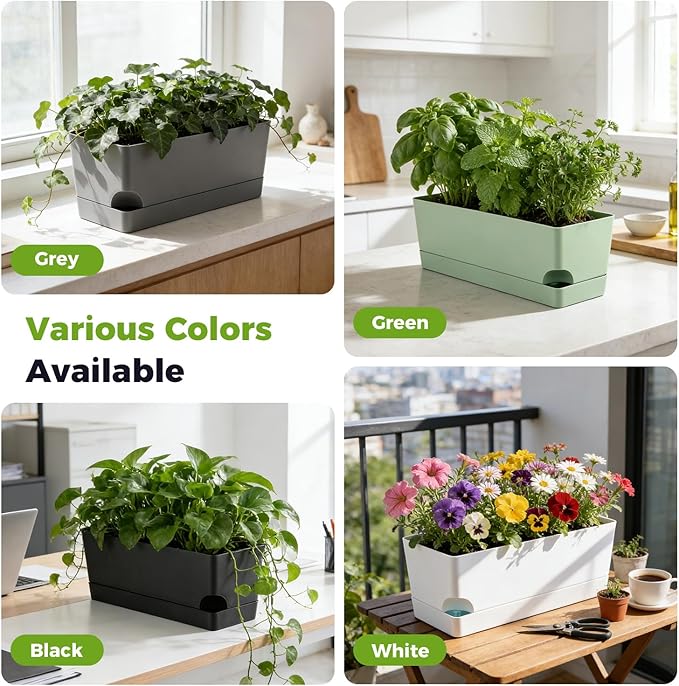 2 Pack Self Watering Pots for Indoor Plants 17 Inches Window Boxes Planters Rectangular Flower Pots Rectangle Herb Pots Large Plant Pots with Drainage Holes and Saucers Windowsill Planter, Green