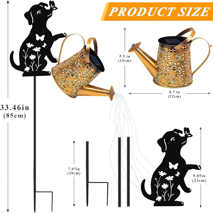 Solar Lights Outdoor Decorative, Watering Can with Cascading Lights, with Dog Silhouette Garden Stakes, Gifts for Mom Women, Waterproof Metal Garden Decor for Yard Art, Outside(1 Pack)