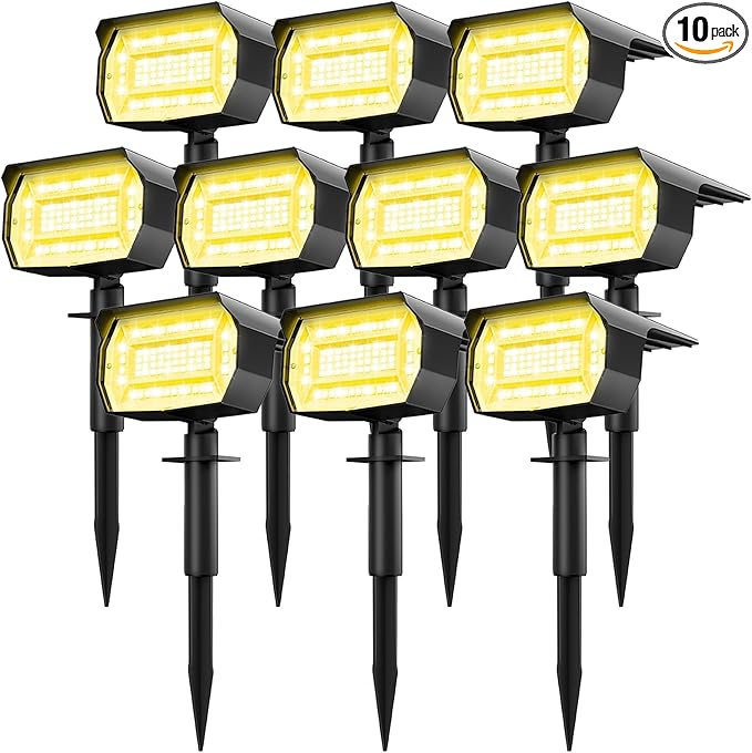 LOTMOS Solar Spot Lights Outdoor Waterproof IP67, 10 Pack Landscape Spotlights with 72 LEDs，3 Modes/ 2-in-1/Auto On/Off Solar Powered Flood Lights for Outside Garden Lawn Patio Driveway (Warm White)