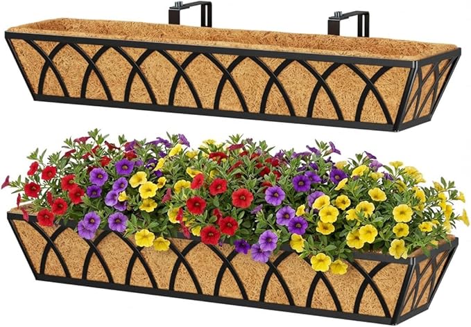 Y&M 30 Inch Window Deck with Coco Liner, Fence Metal Hanging Flower Planter Basket Deck Railing Planter Boxes for Outdoor Garden Lawn, 24" Window Boxes Horse Trough with Coconut Coir Liner,2pcs