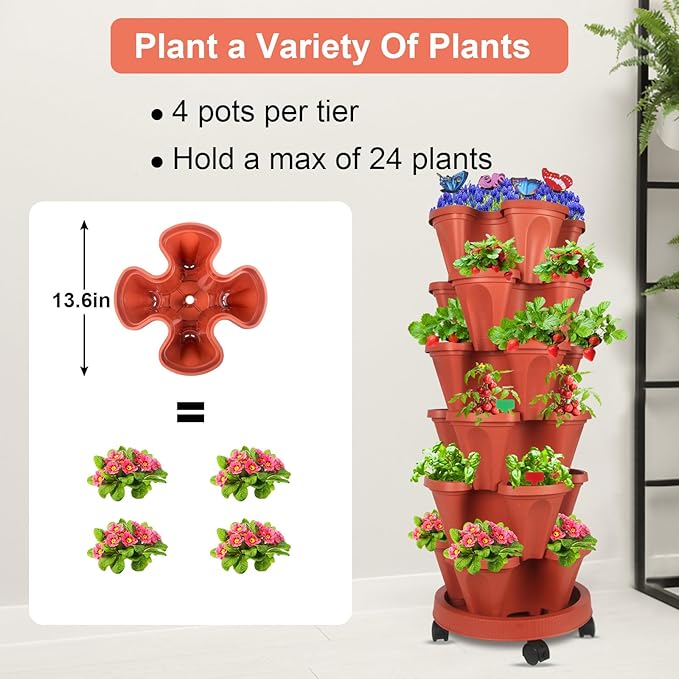 GameXcel Vertical Planter, 6 Tier Stackable Strawberry Planter with Garden Tool Set, Movable Indoor/Outdoor Garden Herb Pot for Growing Vegetables and Succulents, Red