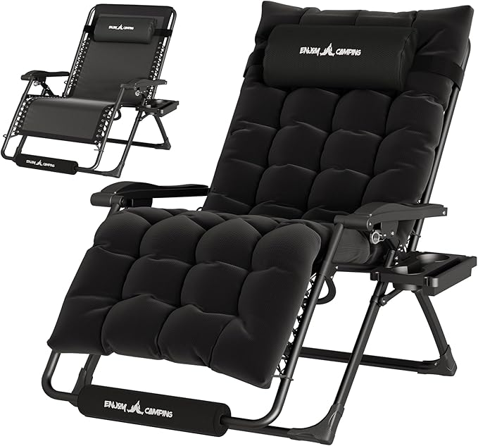 UDPATIO Oversized Zero Gravity Chair 29In XL Patio Reclining Chair with Cushion, Outdoor Folding Recliner with Pillows|Cup Holder|Foot Rest|Padded Headrest, Black, Support 500LB