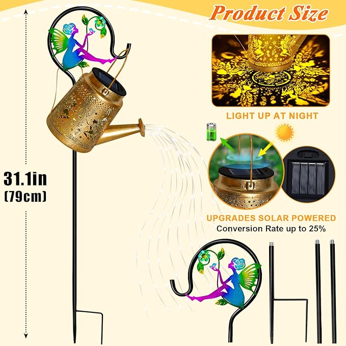 Solar Watering Can Lights Outdoor Garden Decor, Large Fairy Hanging Lantern with Shepherd Hook, Waterproof Garden Lights for Outdoor Yard, Gifts for Mom Grandma Mothers Day Christmas Gifts